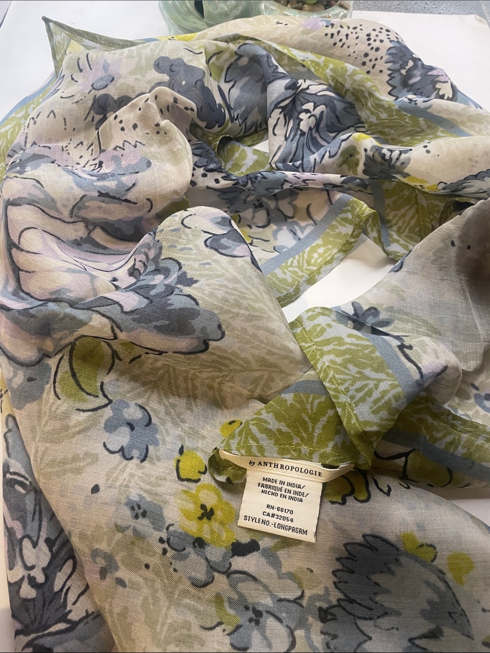 Anthropologie Sheer Floral Scarf in Green, Blue, and Cream 000911